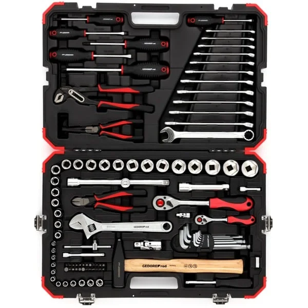 GEDORE red Werkzeug- und Steckschlüssel-Satz 1/4" + 1/2", 100-teilig, Werkzeug-Set (rot/schwarz, mit Umschalt-Knarren, SW 4mm - 32mm)