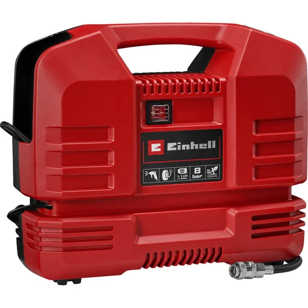 EINHELL Koffer-Kompressor TC-AC 190 OF Set (rot/schwarz, 1.100 Watt, Reifen-Füllgerät, Druckluftschlauch)