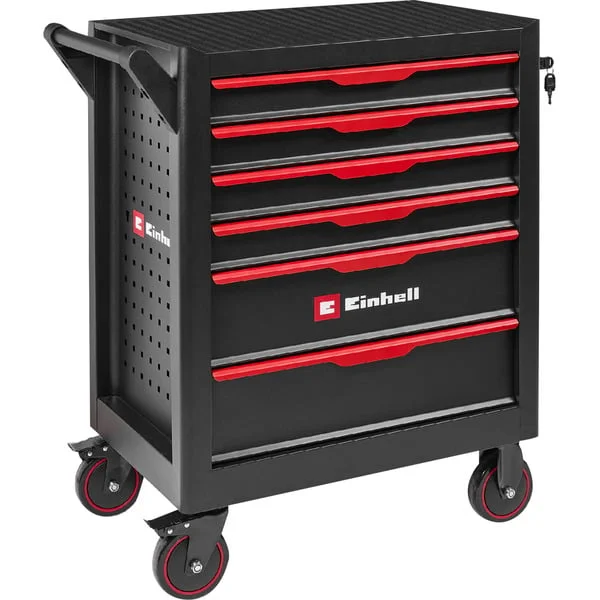 EINHELL Werkstattwagen leer, 6 Schubladen, Werkzeugwagen (schwarz/rot, 4 flache, 2 hohe Schubladen)