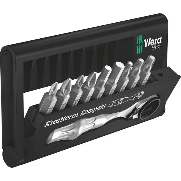 Wera Kraftform Kompakt Zyklop Mini 1, 10-teilig, Werkzeug-Set (Bit-Satz inkl. Umschalt-Bitknarre, 1/4")