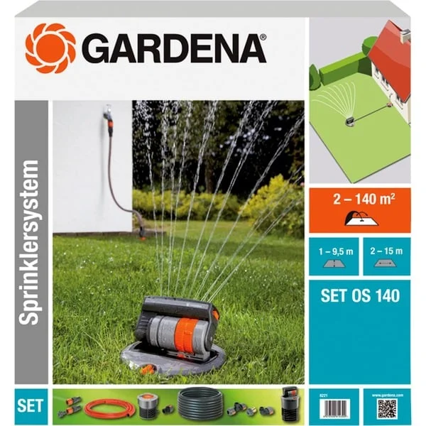 GARDENA Komplett-Set mit Versenk-Viereckregner OS 140, Sprinklersystem (grau/orange, 12-teilig)