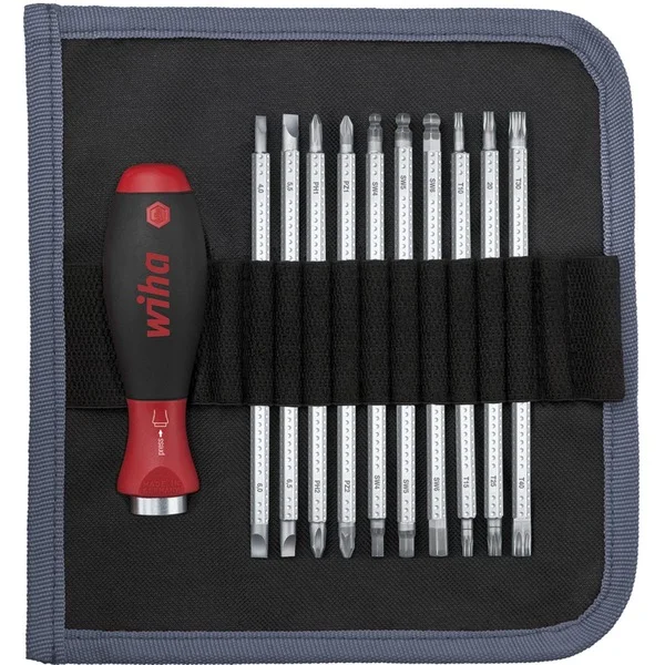 Wiha Schraubendreher mit Wechselklingen-Set SYSTEM 6 (schwarz/rot, 12-teilig, mit Rolltasche)
