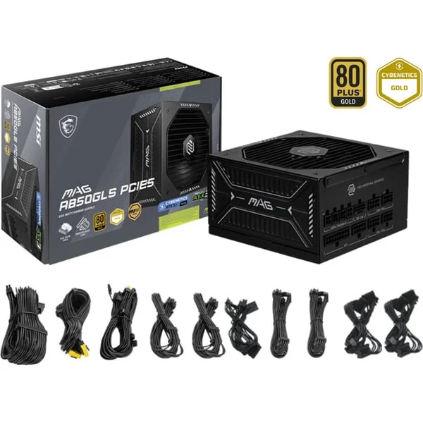 MSI MAG A850GLS PCIE5, PC-Netzteil (schwarz, 1x 12VHPWR, 4x PCIe, Kabelmanagement, 850 Watt)