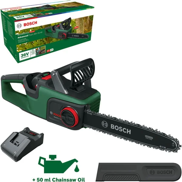 Bosch Heimwerken & Garten Akku-Kettensäge AdvancedChain 36V 35-40, 36Volt (grün/schwarz, Li-Ionen Akku 2,0Ah, POWER FOR ALL)