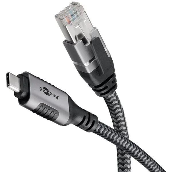 goobay Ethernet-Kabel USB-C 3.2 Gen2 Stecker > RJ-45 Stecker, LAN-Adapter (schwarz/silber, 10 Meter, geflochtener Textilmantel)