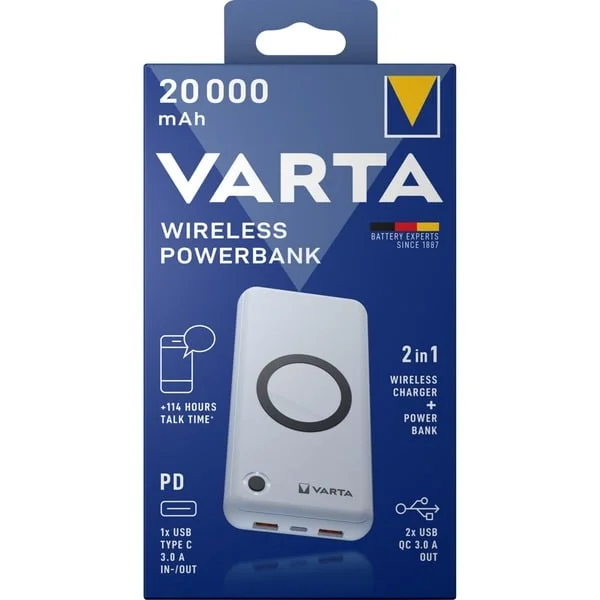 VARTA Wireless Powerbank 20.000 (weiß, 20.000 mAh, Qi, Power Delivery, Quick Charge 3.0)