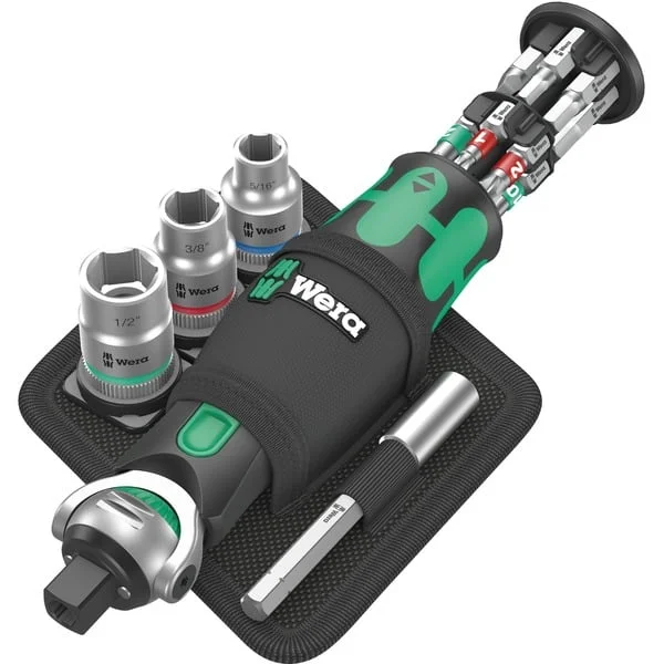 Wera 8009 Zyklop Pocket Set Imperial 2, 18-teilig, Bit-Satz (schwarz/grün, Umschaltknarre für 3/8", 1/4", zöllig)