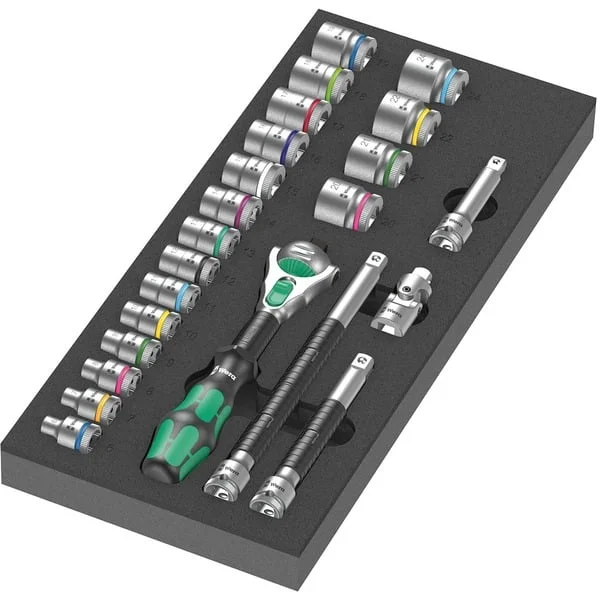 Wera 9721 Schaumstoffeinlage 8000 B Zyklop Knarre 3/8" Set 1, 23‑teilig, Werkzeug-Set (schwarz/grau, Knarren- und Stecknuss-Satz, in Schaumstoffeinlage für Werkstattwagen)