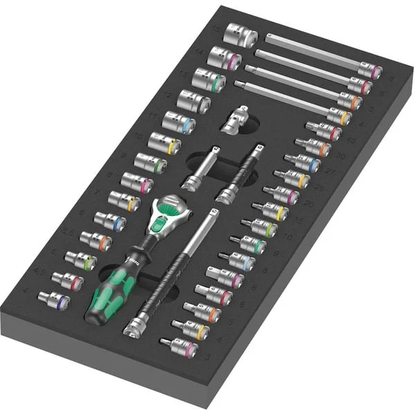 Wera 9720 Schaumstoffeinlage 8000 A Zyklop Knarre 1/4" Set 1, 37‑teilig, Werkzeug-Set (schwarz/grau, Knarren- und Stecknuss-Satz, in Schaumstoffeinlage für Werkstattwagen)