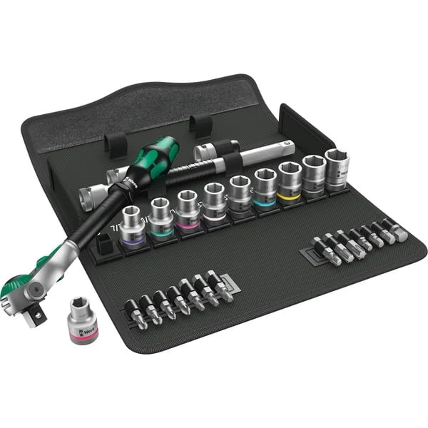 Wera 8100 SC 9 Zyklop Speed-Knarrensatz, zöllig, 28‑teilig, Werkzeug-Set (schwarz/grün, 1/2", Speed-Knarre mit schwenkbarem Kopf)