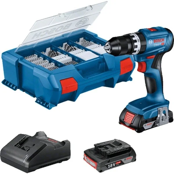 Bosch Professional Akku-Schlagbohrschrauber GSB 18V-45 Professional, 18Volt (blau/schwarz, 2x Li-Ionen Akku 2,0Ah, 82-teiliges Zubehör-Set, in L-Case)
