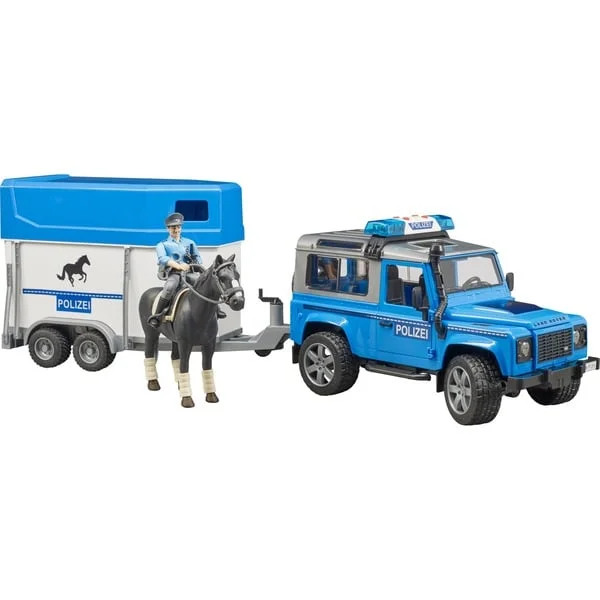 bruder 02588 Land Rover Defender Polizeifahrzeug und Pferdeanhänger, Modellfahrzeug (Inkl. Pferd und Polizist)