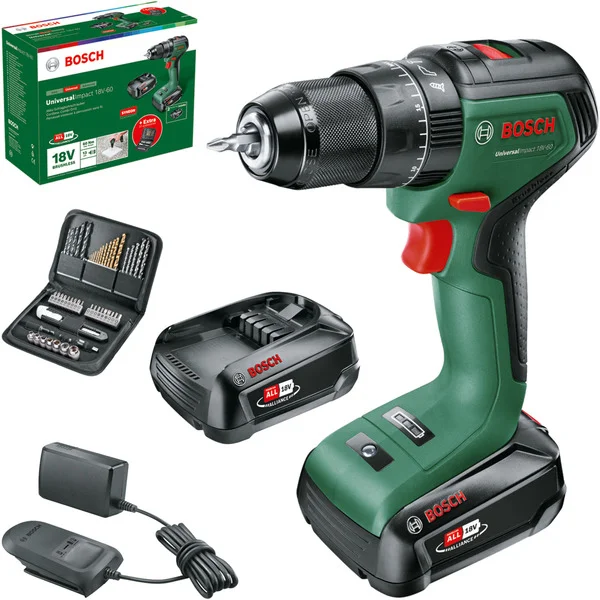 Bosch Heimwerken & Garten Akku-Schlagbohrschrauber UniversalImpact 18V-60 + SET (grün/schwarz, 2x Li-Ionen Akku 2,0Ah, Koffer + 51-teiliges Zubehör, POWER FOR ALL ALLIANCE)