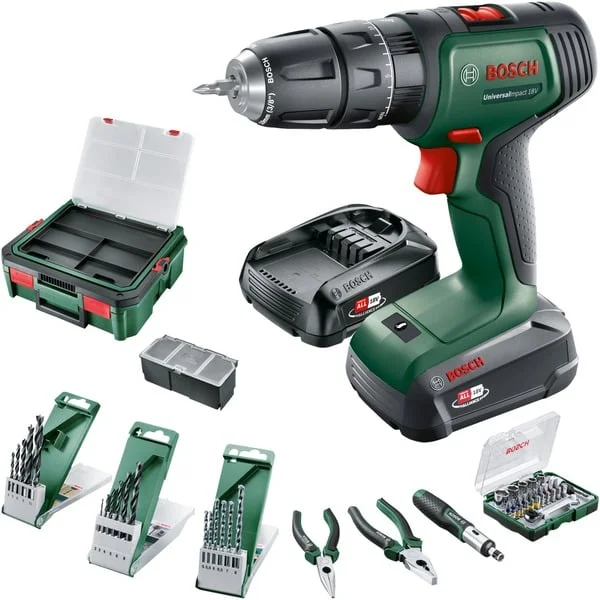 Bosch Heimwerken & Garten Akku-Schlagbohrschrauber UniversalImpact 18V + SystemBox (grün/schwarz, Li-Ionen Akku 1,5Ah + 2,5Ah, Koffer + 210-teiliges Zubehör, POWER FOR ALL ALLIANCE)