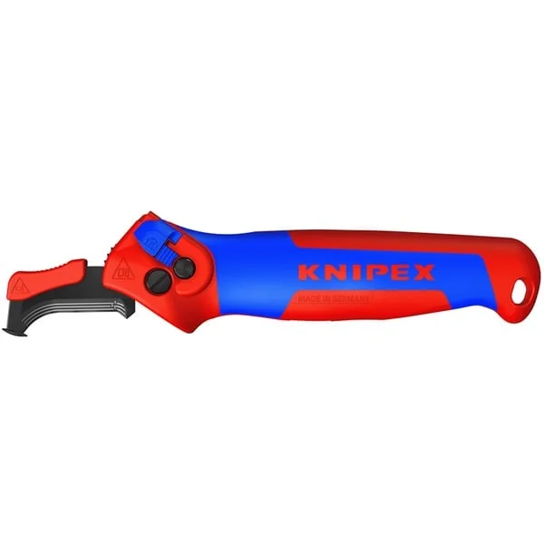 KNIPEX Abmantelungsmesser 16 50 145 SB, Abisolier-/ Abmantelungswerkzeug (rot/blau, mit Ratschenfunktion)