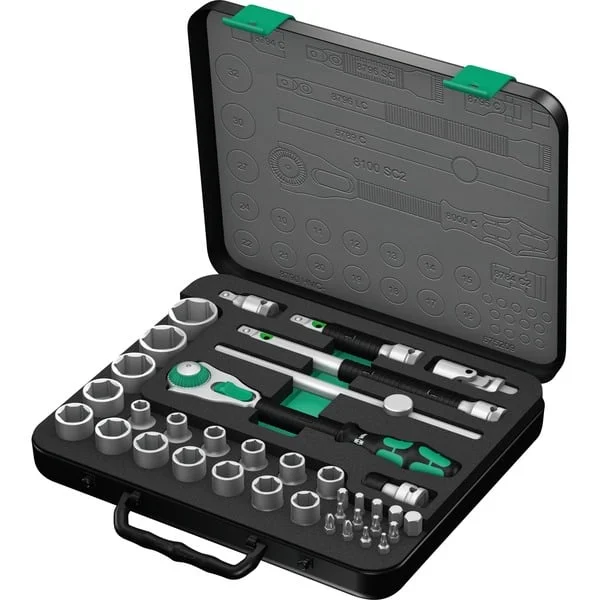 Wera Zyklop Speed-Knarrensatz 8100 SC 2, 37-teilig, Werkzeug-Set (schwarz/grün, Speed-Knarre mit schwenkbarem Kopf, 1/2")