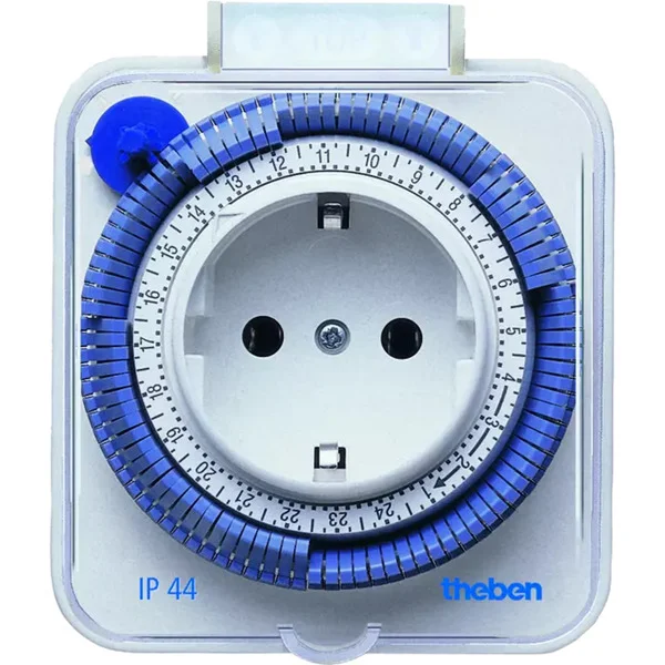Theben Steckdosen-Zeitschaltuhr TIMER 26-IP44 (weiß, Analoge Schaltuhr für Schutzkontakt-Steckdosen mit Spritzwasserschutz)