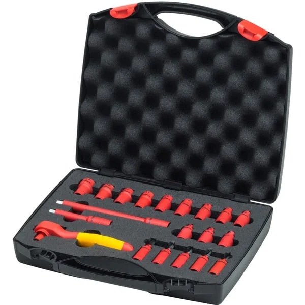 Wiha Ratschenschlüssel-Set isoliert, 1/4", Steckschlüssel (rot/gelb, 21-teilig, inkl. Koffer)
