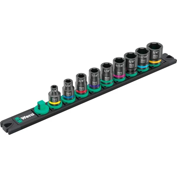 Wera 9608 Nuss-Magnetleiste B Impaktor Imperial 1 Steckschlüsseleinsatz-Satz 3/8" (schwarz/grün, 9‑teilig, zöllig, für Schlagschrauber)