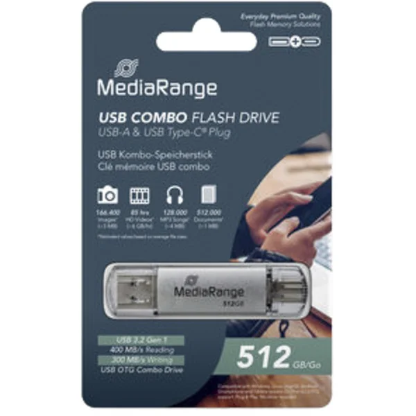 MediaRange Kombo-Speicherstick 512 GB, USB-Stick (silber/transparent, USB-A 3.2 Gen 1, USB-C 3.2 Gen 1)