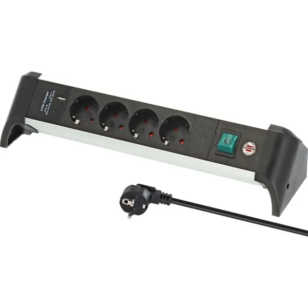 Brennenstuhl Alu-Office-Line Steckdosenleiste 4-fach, 2x USB, für den Schreibtisch (schwarz/aluminium, 1,8 Meter Kabel, USB-A, USB-C PD, mit Sicherheitsschalter)