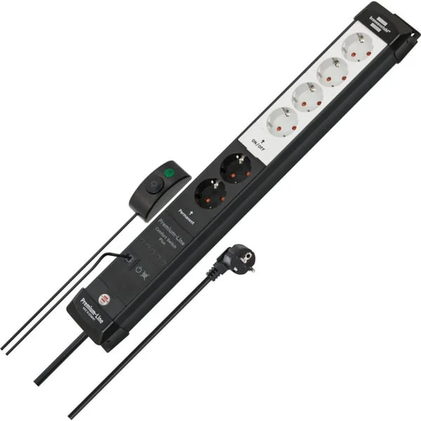 Brennenstuhl Premium-Line Comfort Switch Plus Steckdosenleiste 6-fach, 2x permanent (schwarz/hellgrau, 3 Meter Kabel, mit Hand-/Fußschalter)