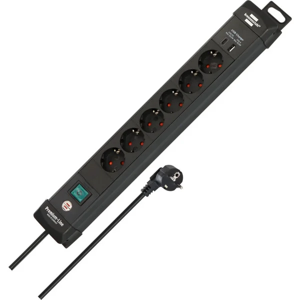 Brennenstuhl Premium-Line Steckdosenleiste 6-fach, 2x USB (schwarz, 3 Meter Kabel, USB-A, USB-C, mit Sicherheitsschalter)