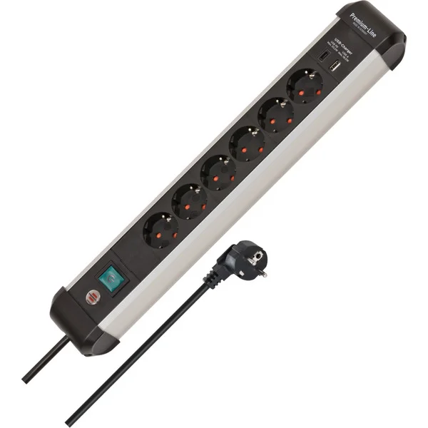 Brennenstuhl Premium-Alu-Line Steckdosenleiste 6-fach, 2x USB (schwarz/aluminium, 3 Meter Kabel, USB-A, USB-C, mit Sicherheitsschalter)