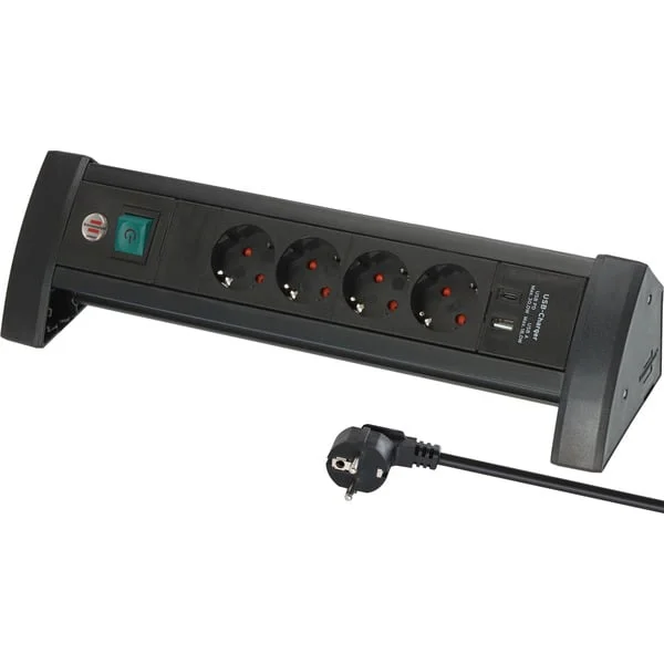 Brennenstuhl Premium-Office-Line Steckdosenleiste 4-fach, 2x USB, für den Schreibtisch (schwarz, 1,8 Meter Kabel, USB-A, USB-C, mit Sicherheitsschalter)