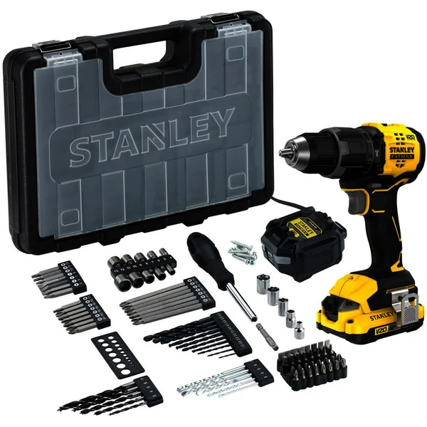 Stanley Akku-Schlagbohrschrauber (SFMCD716D1A-QW), 18Volt (schwarz/gelb, Li-Ion-Akku 2,0Ah, 100 -teiliges Zubehörset, Koffer)