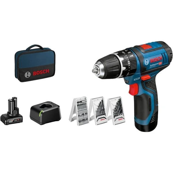 Bosch Professional Akku-Schlagbohrschrauber GSB 12V-15 Professional, 12 Volt (blau/schwarz, Li-Ionen Akku 2,0Ah, Li-Ionen Akku 4,0Ah, Bohrer- & Bit-Set)
