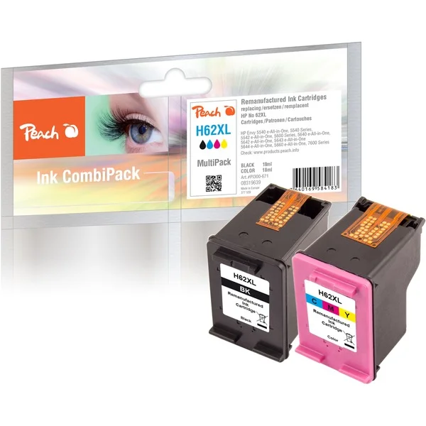 Peach Druckköpfe Spar Pack PI300-671, Tinte (kompatibel zu HP 62XL (C2P05AE, C2P07AE))
