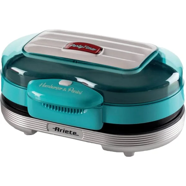 Ariete Hamburger-Grill Party Time, Elektro-Grillplatte (hellblau/silber, 1.200 Watt, 50's Style)