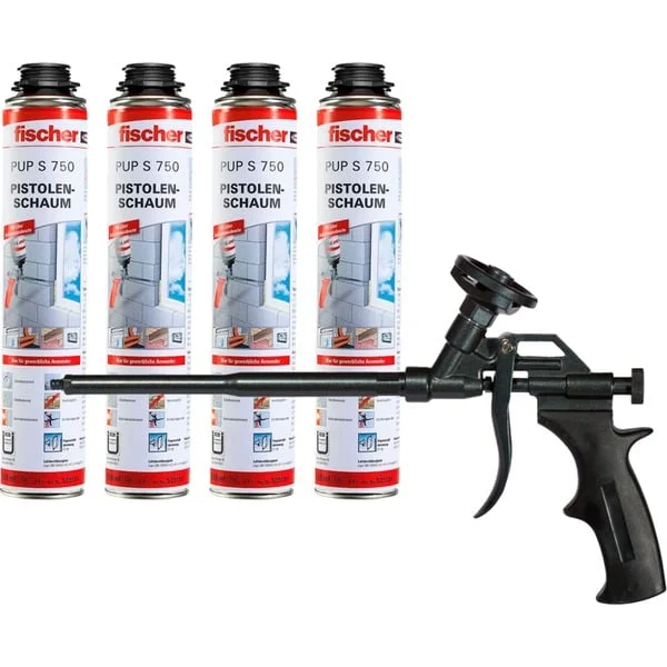 fischer Metall-Schaumpistole PUPM 4 BLACK, Aktionspaket, Sprühpistole (schwarz, inkl. 4x Pistolenschaum PUP S 750 B2)