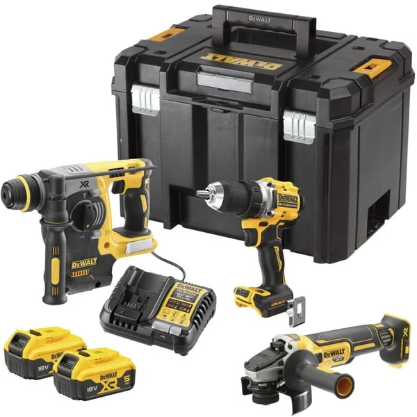 DEWALT Akku-Bohrschrauber, -Kombihammer und -Winkelschleifer Set DCK330P2T, 18Volt, Werkzeug-Set (gelb/schwarz, Kombopack, 2x Li-Ionen Akku 5,0Ah, in T STAK-Box VI)