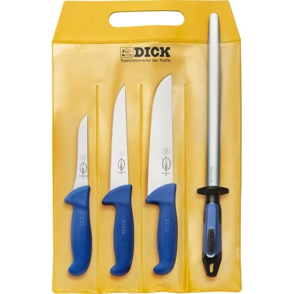 DICK ErgoGrip Starter-Set, 4-teilig, Messer (blau, Blockmesser, Ausbeinmesser, Stechmesser, Wetzstahl)