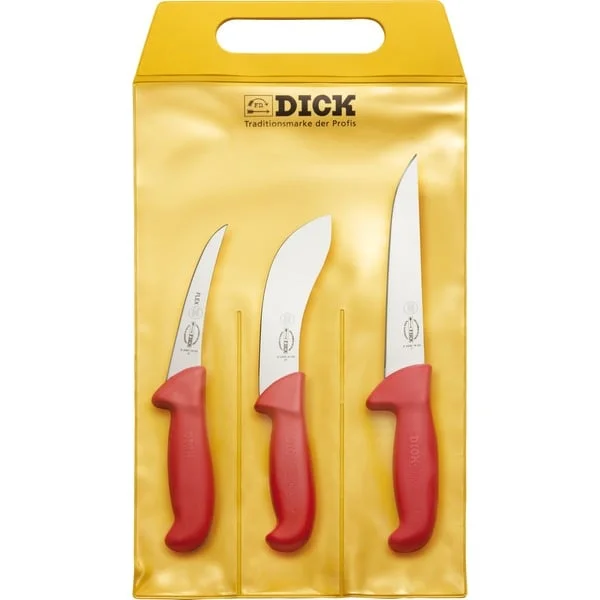 DICK ErgoGrip Messersatz Jagd, Indoor, 3-teilig (rot, Stechmesser, Ausbeinmesser, Abhäutemesser)
