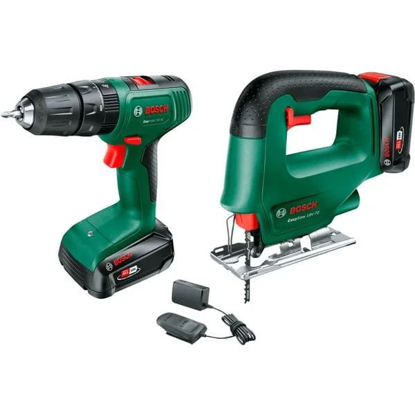 Bosch Heimwerken & Garten Akku-Schlagbohrschrauber EasyImpact 18V-40 & Akku-Stichsäge EasySaw 18V-70, Werkzeug-Set (grün/schwarz, 2x Li-Ionen Akku 2,0Ah, Koffer, POWER FOR ALL ALLIANCE)