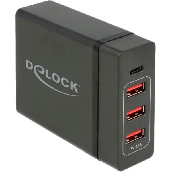 DeLOCK USB Ladegerät 1x USB-C PD + 3x USB-A, 60 Watt (schwarz)