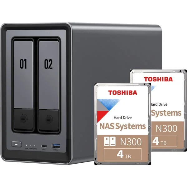 UGREEN DXP2800 Bundle mit 2x Toshiba N300 4 TB (MN10ADA400ES), NAS (grau/schwarz)