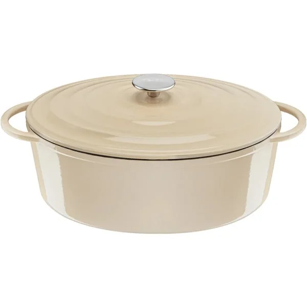 Tefal Ovaler Bräter aus Lov Gusseisen Ø 34cm (beige, mit Deckel, 7,2 Liter)