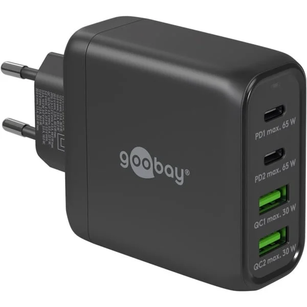 goobay USB-C Multiport-Schnellladegerät, PD, GaN, 68 Watt (schwarz, 2x USB-C, 2x USB-A, Power Delivery, QuickCharge)