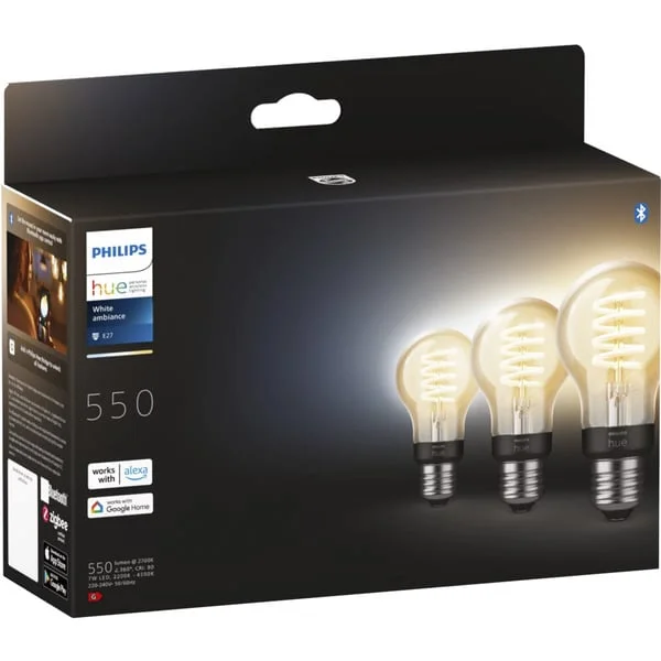 Philips HUE White Ambiance Filament Lampe E27 A60 Dreierpack 550, LED-Lampe