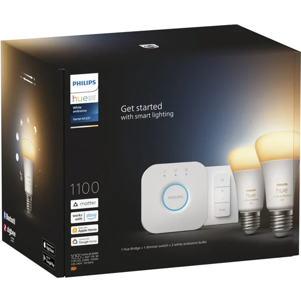 Philips HUE White Ambiance Starter-Set: E27 Lampe A60 Doppelpack + Dimmschalter, LED-Lampe