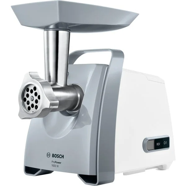 Bosch Home Fleischwolf ProPower MFW45020 (weiß/grau, 500 Watt, Wurstfüller- und Kebbe-Aufsatz)