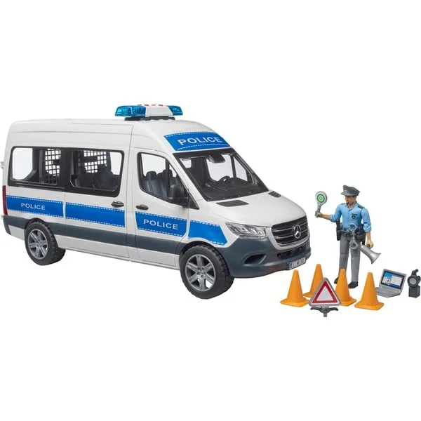 bruder 02683 MB Sprinter Polizei Einsatzfahrzeug mit Light & Sound Modul, Modellfahrzeug