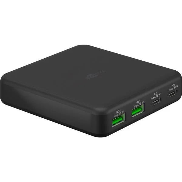 goobay USB-C Multiport-Tischladegerät, PD, GaN, 65 Watt (schwarz, 2x USB-C, 2x USB-A, Power Delivery, QuickCharge 3.0)