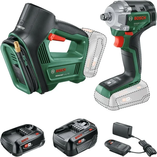 Bosch Heimwerken & Garten 18Volt Combo Kit UniversalImpactDrive 18V-35, UniversalPump 18V , Werkzeug-Set (grün/schwarz, 1x Li-Ionen Akku 2,0Ah, 1x Li-Ionen Akku 4,0Ah)