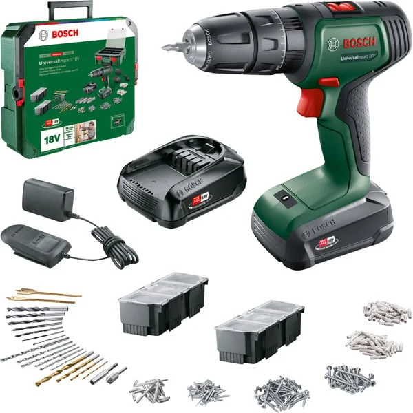 Bosch Heimwerken & Garten Akku-Schlagbohrschrauber UniversalImpact 18V, Set (grün/schwarz, 2x Li-Ionen Akku 1,5Ah, 241-teiliges Set)