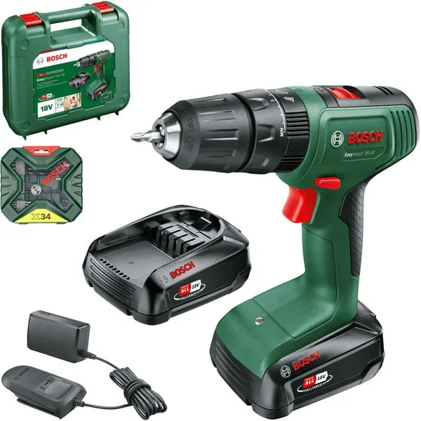 Bosch Heimwerken & Garten Akku-Schlagbohrschrauber EasyImpact 18V-40+ Zubehörset (grün/schwarz, 2x Li-Ionen Akku 2,0Ah, POWER FOR ALL ALLIANCE)